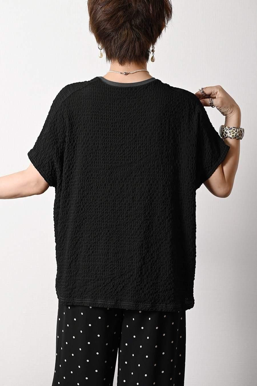 異素材切り替え ロゴ入りカットソー+水玉プリントワイドパンツ2点セットコーデ