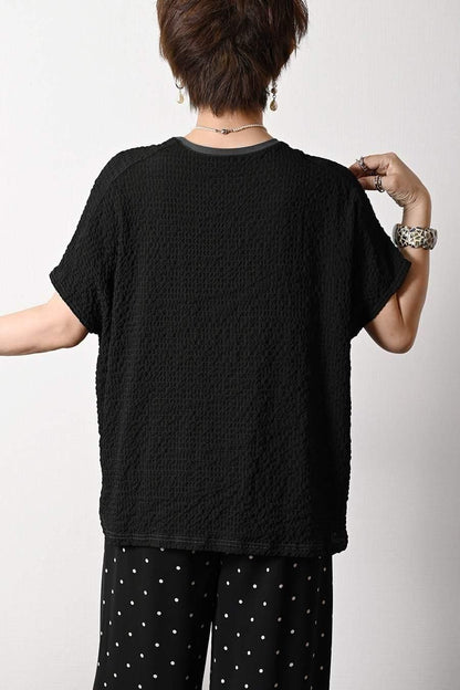 異素材切り替え ロゴ入りカットソー+水玉プリントワイドパンツ2点セットコーデ