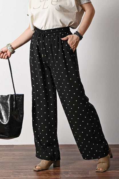 異素材切り替え ロゴ入りカットソー+水玉プリントワイドパンツ2点セットコーデ