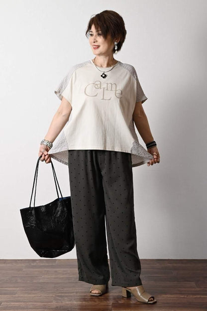 異素材切り替え ロゴ入りカットソー+水玉プリントワイドパンツ2点セットコーデ