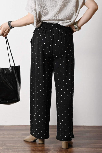 異素材切り替え ロゴ入りカットソー+水玉プリントワイドパンツ2点セットコーデ