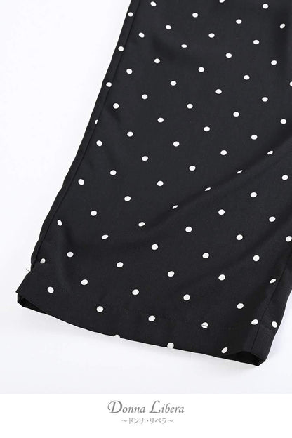 異素材切り替え ロゴ入りカットソー+水玉プリントワイドパンツ2点セットコーデ