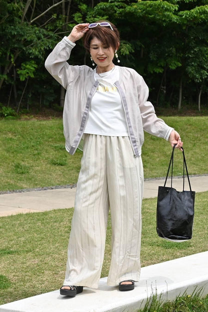 脚長高身長さん向け！驚きの軽さ！シャドーストライプワイドパンツ