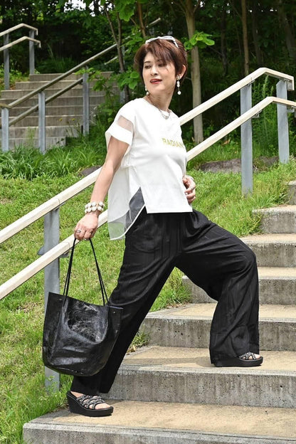 脚長高身長さん向け！驚きの軽さ！シャドーストライプワイドパンツ