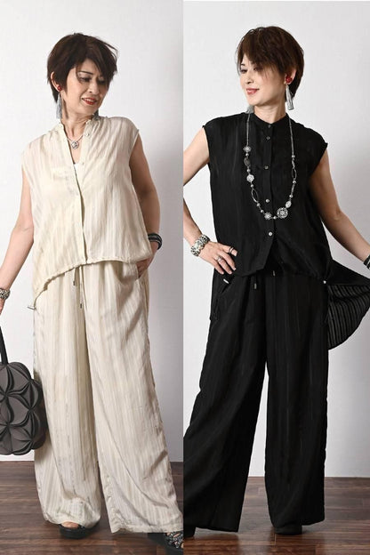 シャドーストライプキャップスリーブブラウス＋シャドーストライプワイドパンツ2点セットコーデ