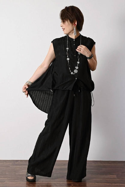 シャドーストライプキャップスリーブブラウス＋シャドーストライプワイドパンツ2点セットコーデ