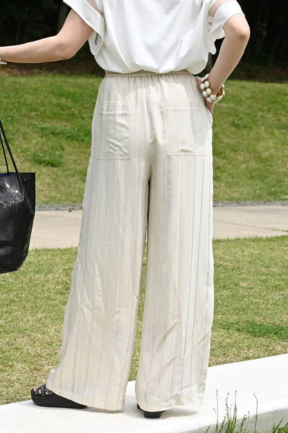 シャドーストライプキャップスリーブブラウス＋シャドーストライプワイドパンツ2点セットコーデ