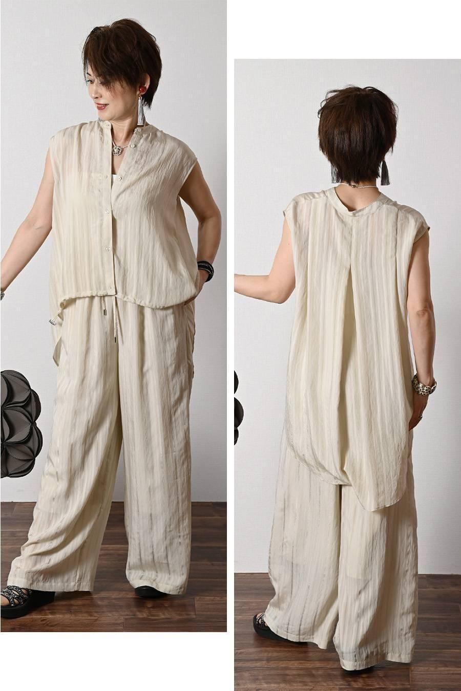 シャドーストライプキャップスリーブブラウス＋シャドーストライプワイドパンツ2点セットコーデ