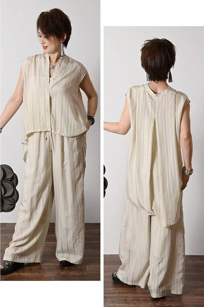 シャドーストライプキャップスリーブブラウス＋シャドーストライプワイドパンツ2点セットコーデ