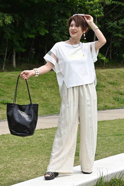 大人の理想の肌見せが叶う！箔プリント＆チュール切り替えカットソー