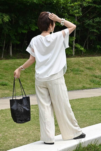 箔プリント＆チュール切り替えカットソー+シャドーストライプワイドパンツ2点セットコーデ