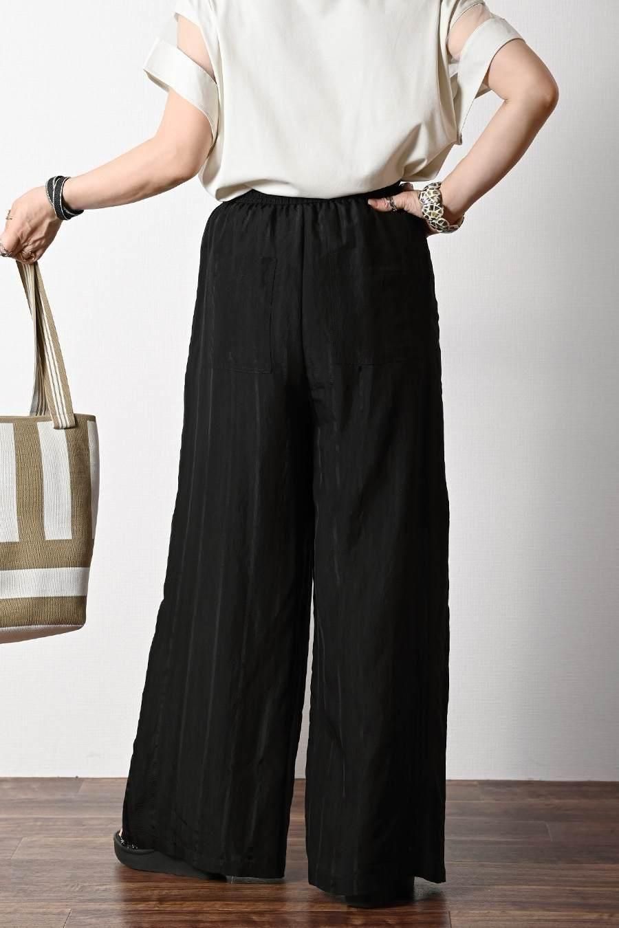 箔プリント＆チュール切り替えカットソー+シャドーストライプワイドパンツ2点セットコーデ