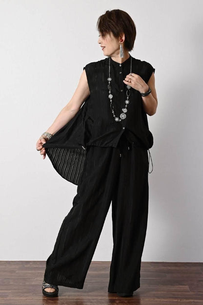 箔プリント＆チュール切り替えカットソー+シャドーストライプワイドパンツ2点セットコーデ