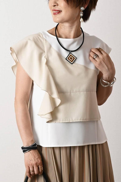 バイカラー＆フリル切り替えアシンメトリーデザインブラウス