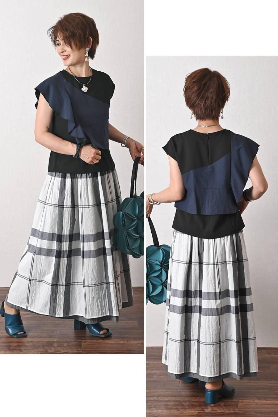 バイカラー＆フリル切り替えアシンメトリーデザインブラウス