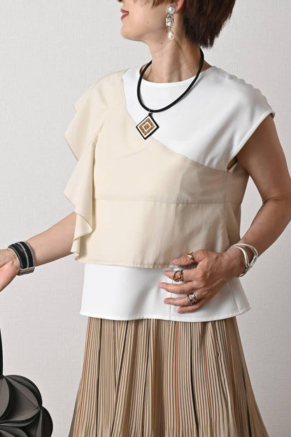 バイカラー＆フリル切り替えアシンメトリーデザインブラウス