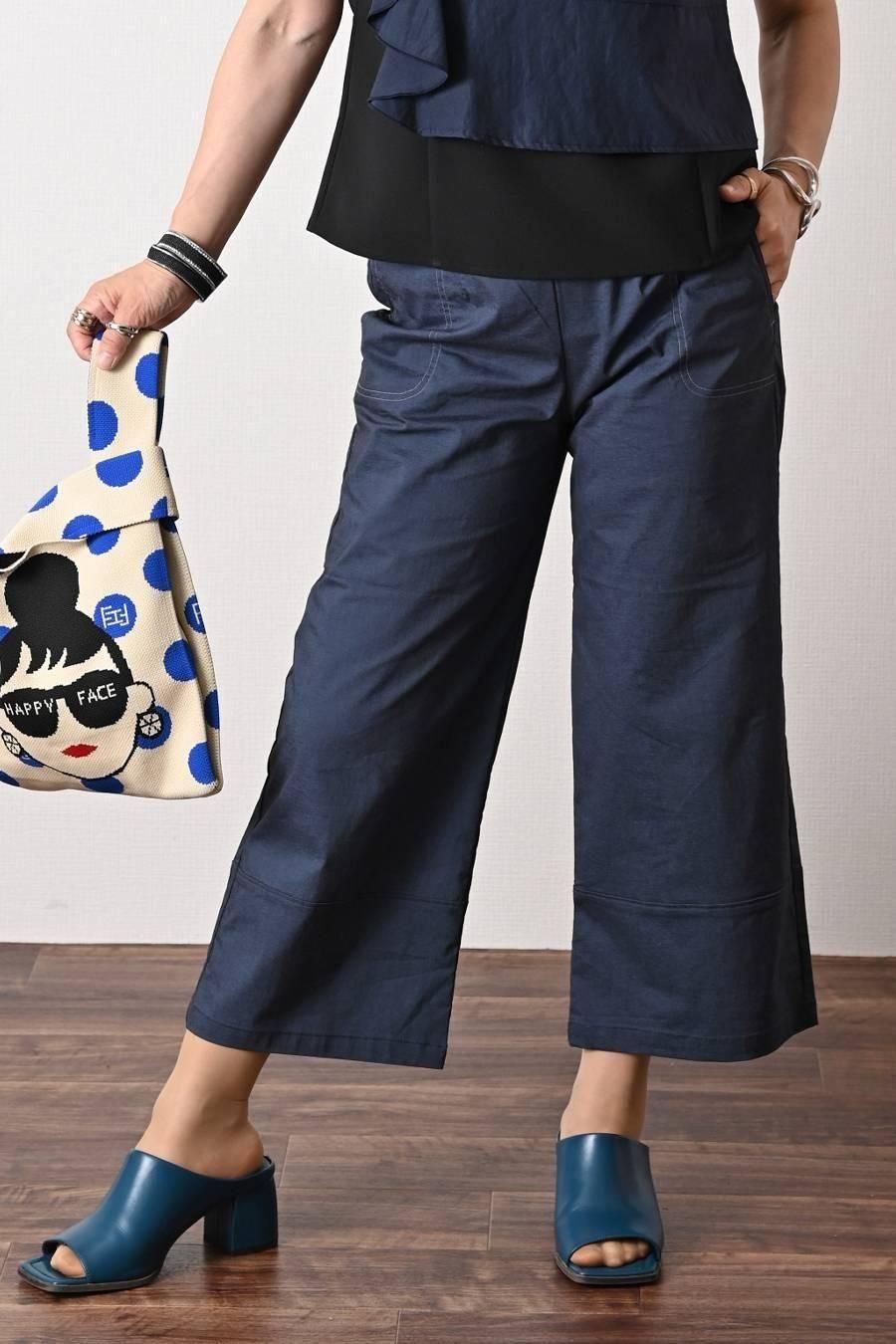 麻混シャンブレー スーパーストレッチ ワイドパンツ