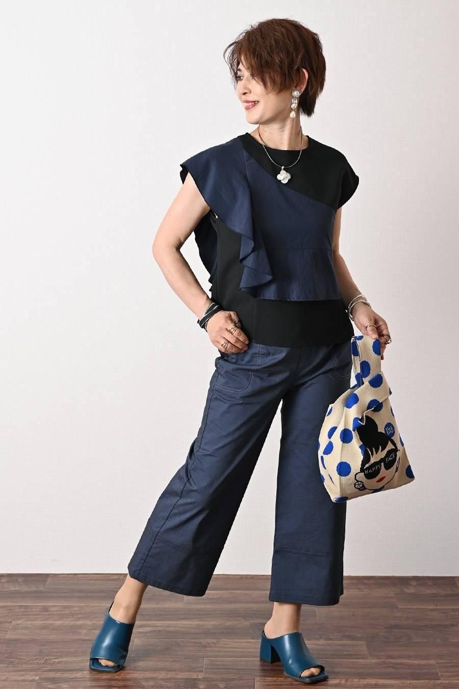 麻混シャンブレー スーパーストレッチ ワイドパンツ