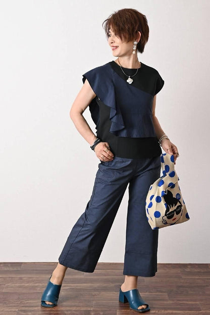 麻混シャンブレー スーパーストレッチ ワイドパンツ