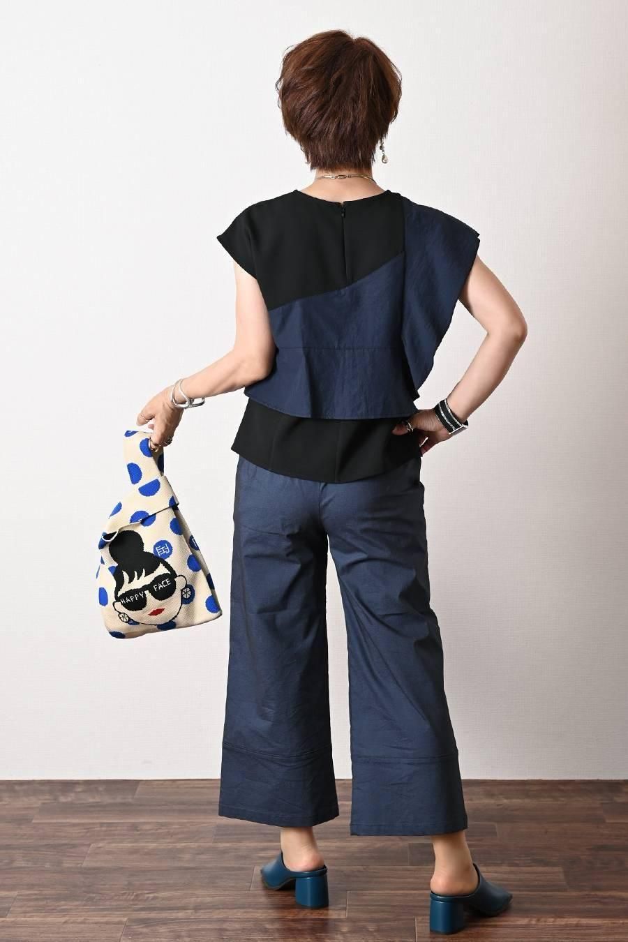 麻混シャンブレー スーパーストレッチ ワイドパンツ