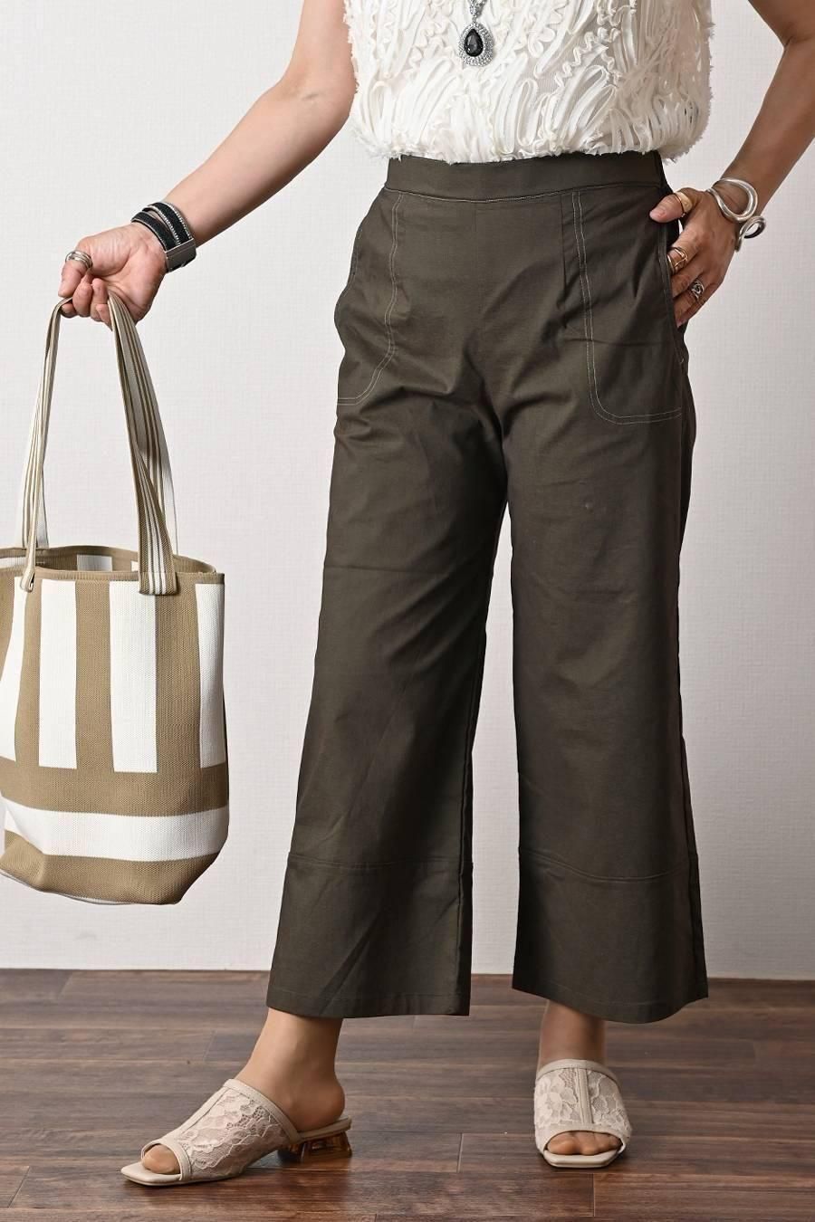 麻混シャンブレー スーパーストレッチ ワイドパンツ