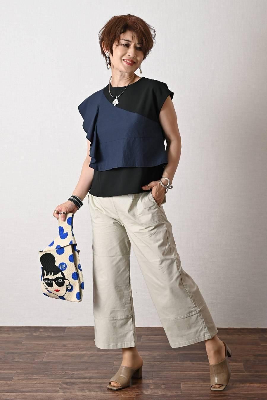 麻混シャンブレー スーパーストレッチ ワイドパンツ