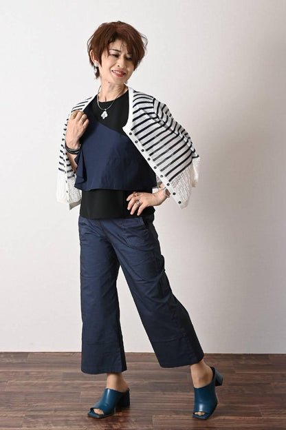 麻混シャンブレー スーパーストレッチ ワイドパンツ