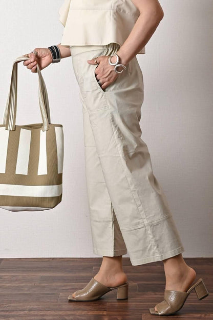 麻混シャンブレー スーパーストレッチ ワイドパンツ