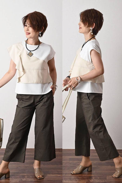 フリル切り替えアシンメトリーブラウス+シャンブレースーパーストレッチワイドパンツ2点セットコーデ