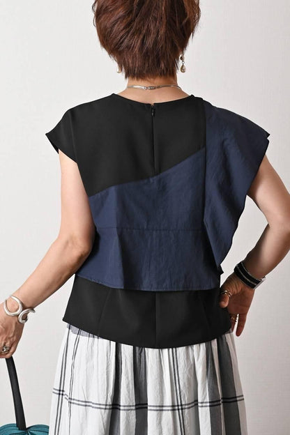 フリル切り替えアシンメトリーブラウス+シャンブレースーパーストレッチワイドパンツ2点セットコーデ