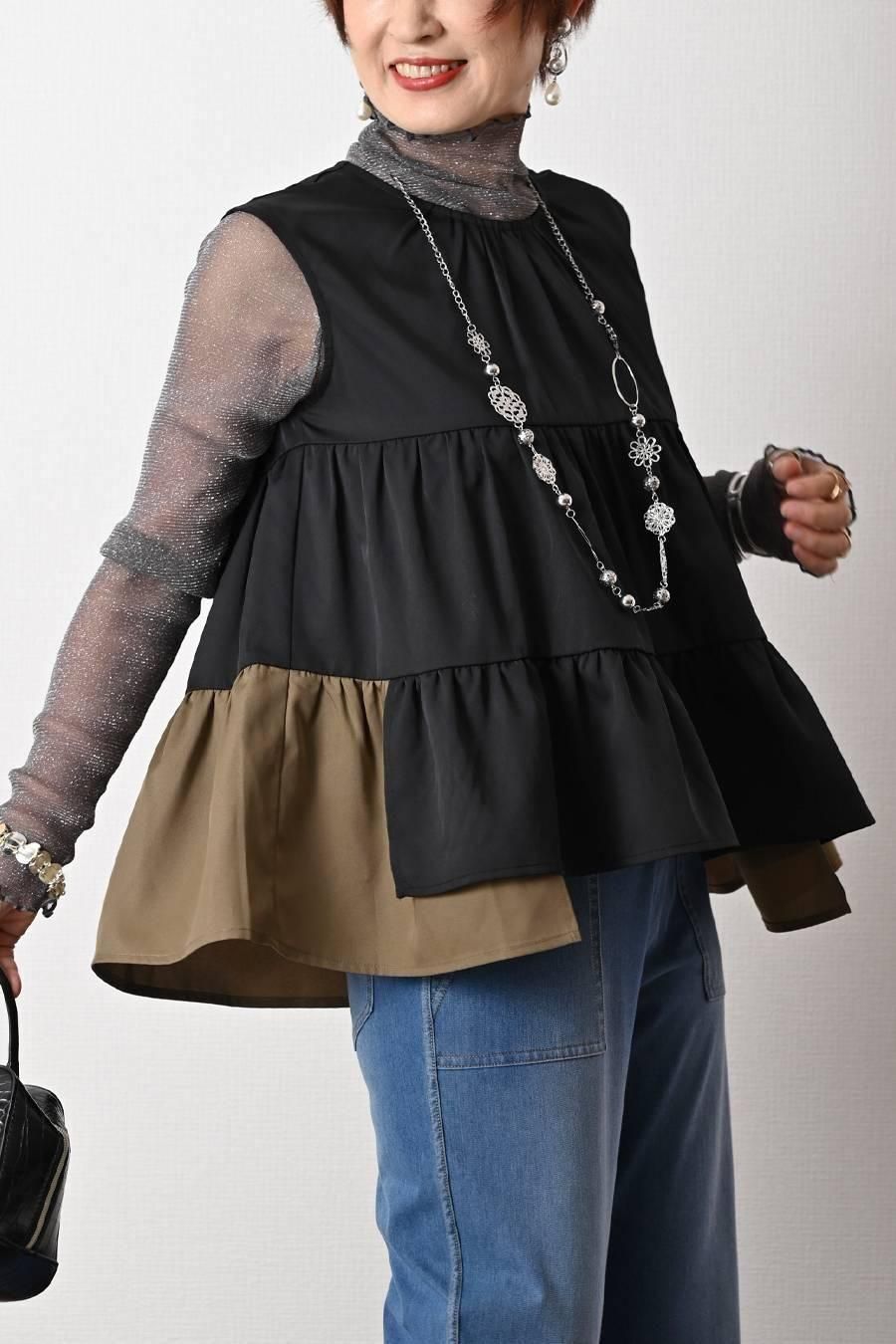 着こなしは無限大！ティーアード配色ノースリーブブラウス