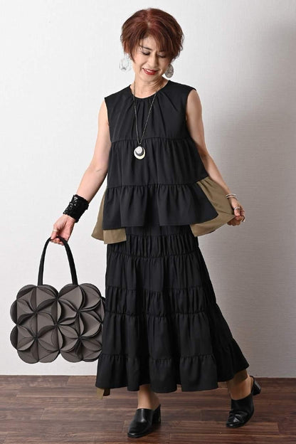 ティアード配色ノースリーブブラウス＋ティアード配色スカート2点セット