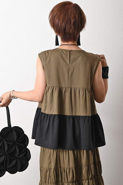 ティアード配色ノースリーブブラウス＋ティアード配色スカート2点セット