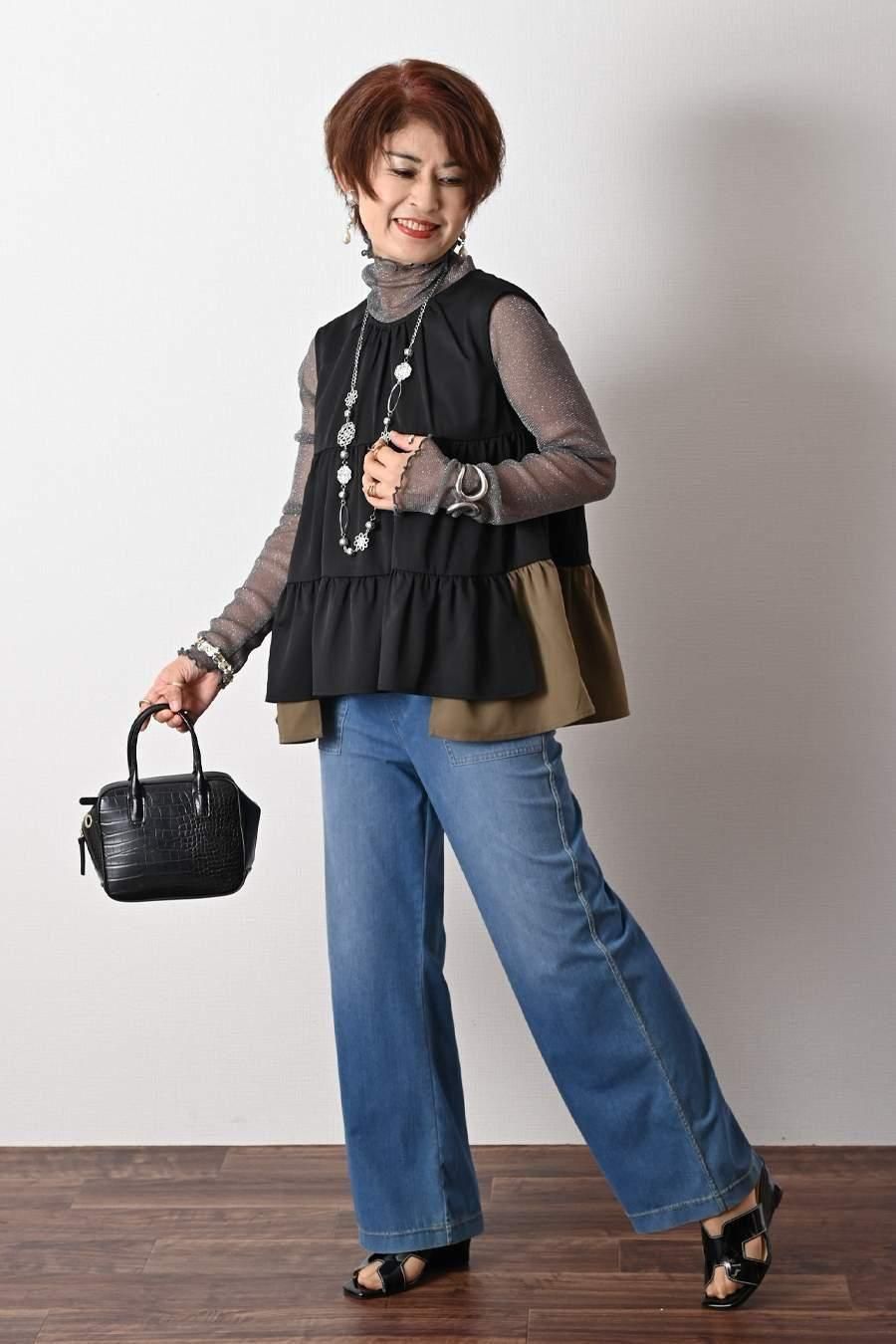 ティアード配色ノースリーブブラウス＋ティアード配色スカート2点セット