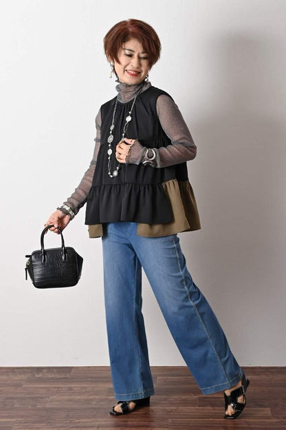 ティアード配色ノースリーブブラウス＋ティアード配色スカート2点セット