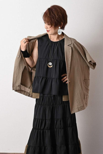 ティアード配色ノースリーブブラウス＋ティアード配色スカート2点セット