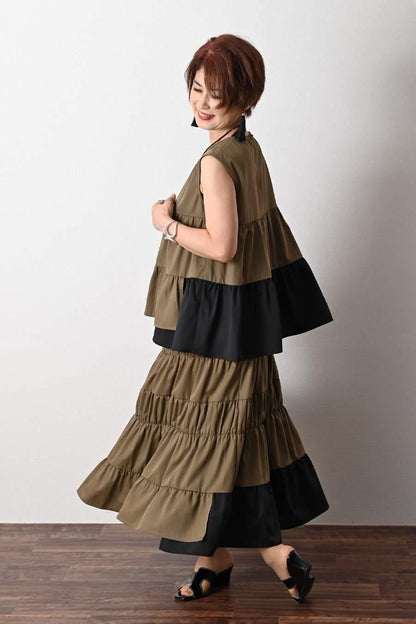 ティアード配色ノースリーブブラウス＋ティアード配色スカート2点セット