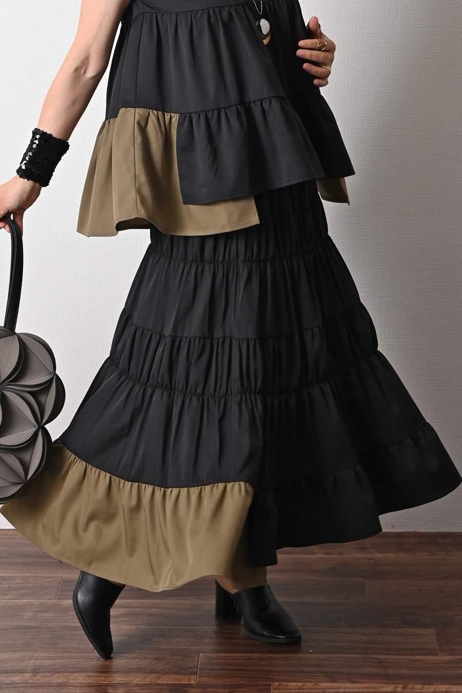 ティアード配色ノースリーブブラウス＋ティアード配色スカート2点セット