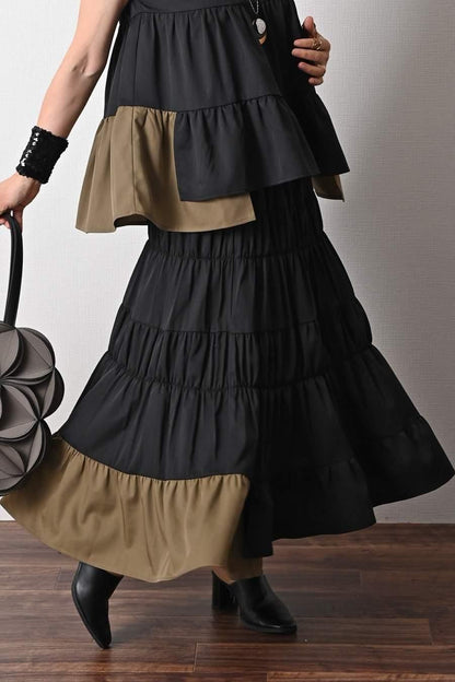 ティアード配色ノースリーブブラウス＋ティアード配色スカート2点セット