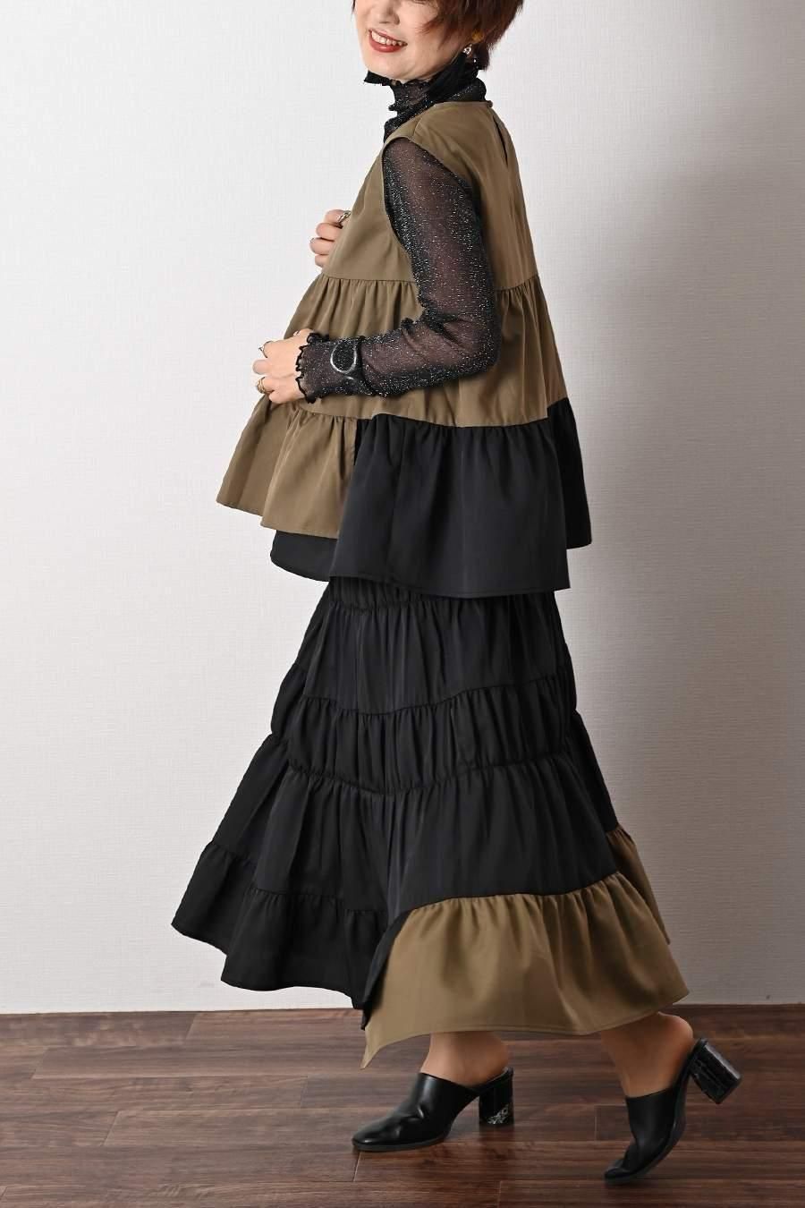 ティアード配色ノースリーブブラウス＋ティアード配色スカート2点セット