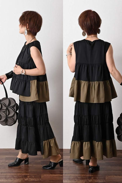 ティアード配色ノースリーブブラウス＋ティアード配色スカート2点セット
