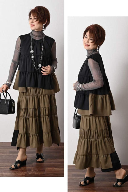 ティアード配色ノースリーブブラウス＋ティアード配色スカート2点セット