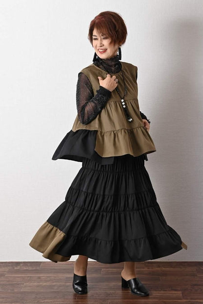 ティアード配色ノースリーブブラウス＋ティアード配色スカート2点セット