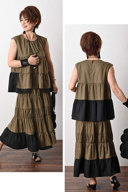 ティアード配色ノースリーブブラウス＋ティアード配色スカート2点セット