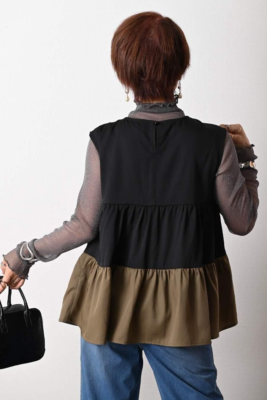 ティアード配色ノースリーブブラウス＋ティアード配色スカート2点セット