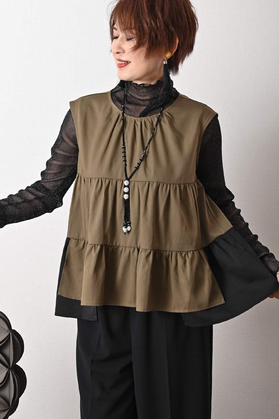 ティアード配色ノースリーブブラウス＋ティアード配色スカート2点セット