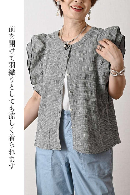 皺になりにくい！2段フリル袖ラウンドネックブラウス【前後２way着用可能】
