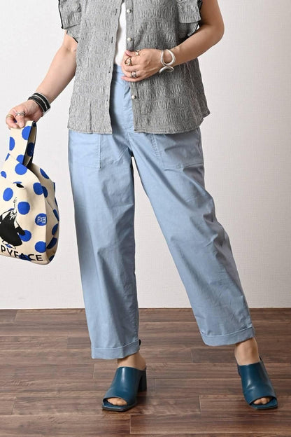 麻混シャンブレー超ストレッチ軽涼パンツ