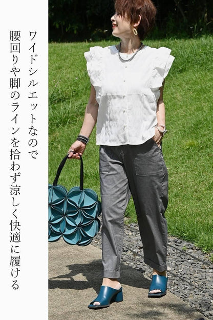 麻混シャンブレー超ストレッチ軽涼パンツ