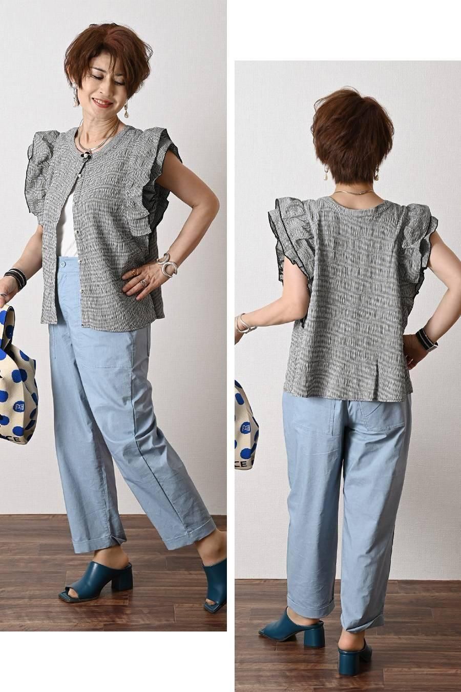 麻混シャンブレー超ストレッチ軽涼パンツ